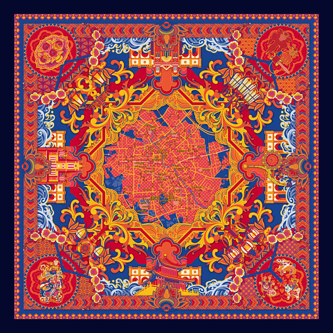 记忆中的那些城市-行走的真丝地图方巾-j.