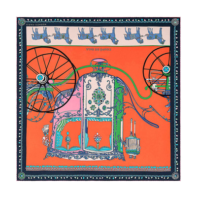 HERMES/爱马仕 “华丽的马车”女士90厘米水洗方巾 橙色/绿色/多色 H072729S 04-BA11